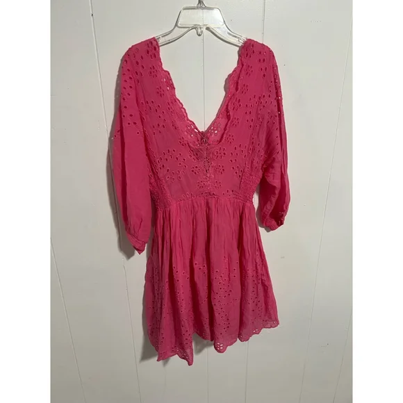 Women's Free People Bubblegum Pink Lottie Eyelet Mini Dress size M - Picture 3 of 10